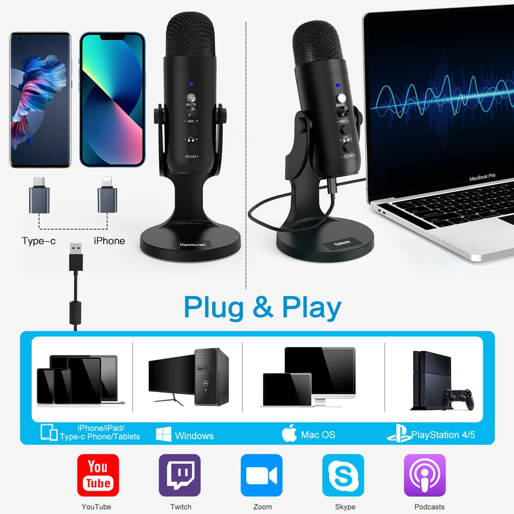 Haomuren USB Mic - Pro Sound for Streaming e Recording