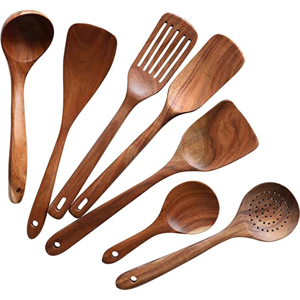 Natural Teak Wooden Spoons Set – Eco-Friendly Kitchen Utensils