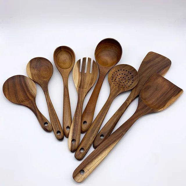 Natural Teak Wooden Spoons Set – Eco-Friendly Kitchen Utensils