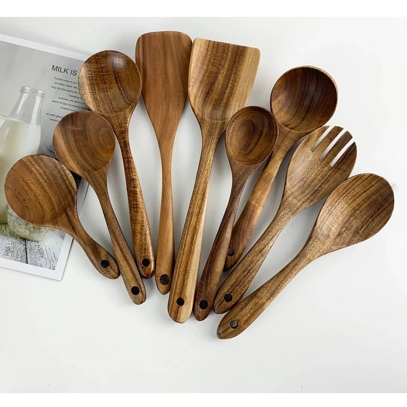 Natural Teak Wooden Spoons Set – Eco-Friendly Kitchen Utensils