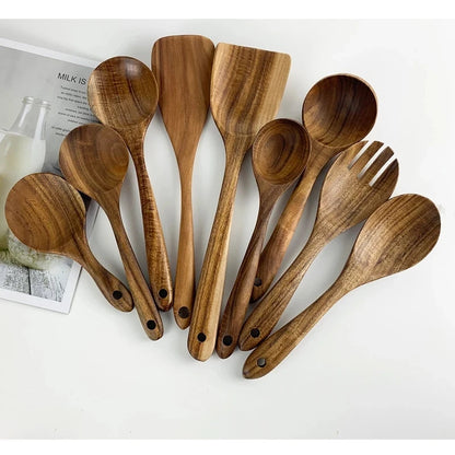 Natural Teak Wooden Spoons Set – Eco-Friendly Kitchen Utensils