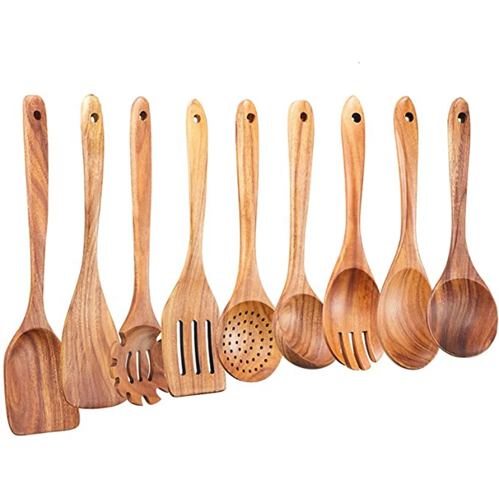 Natural Teak Wooden Spoons Set – Eco-Friendly Kitchen Utensils
