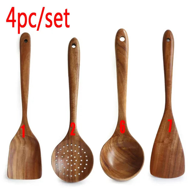 Natural Teak Wooden Spoons Set – Eco-Friendly Kitchen Utensils