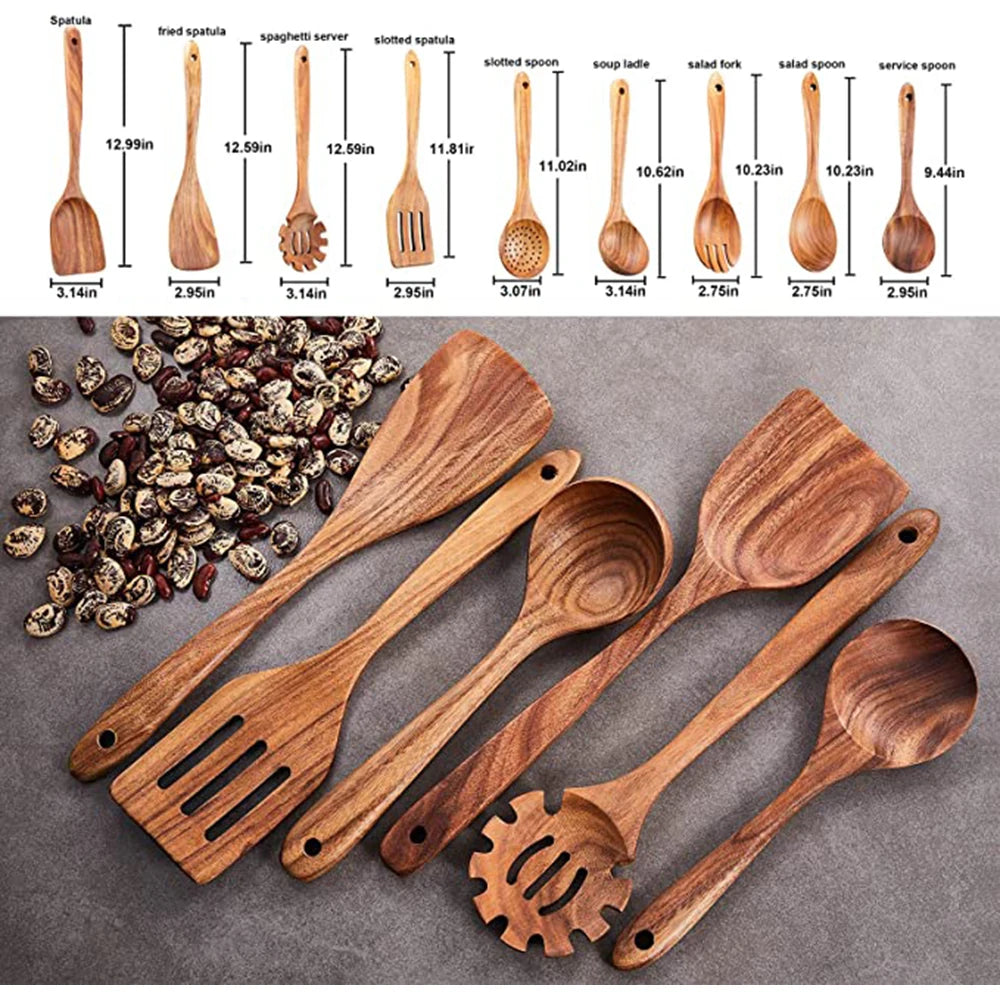 Natural Teak Wooden Spoons Set – Eco-Friendly Kitchen Utensils