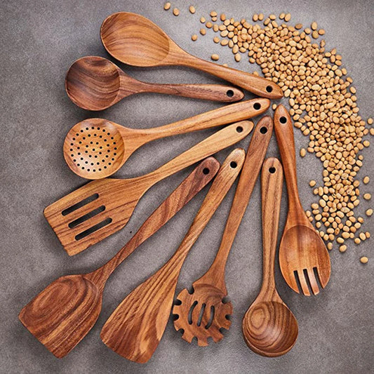 Natural Teak Wooden Spoons Set – Eco-Friendly Kitchen Utensils