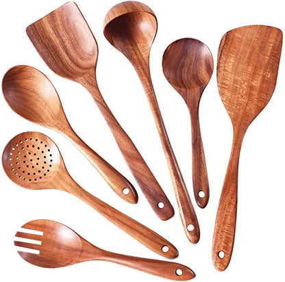 Natural Teak Wooden Spoons Set – Eco-Friendly Kitchen Utensils