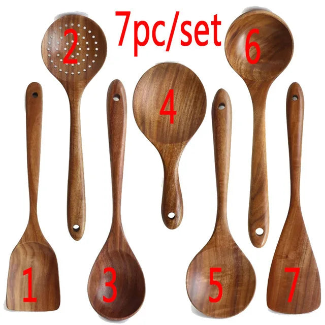 Natural Teak Wooden Spoons Set – Eco-Friendly Kitchen Utensils
