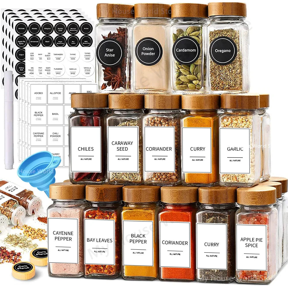 Glass Spice Jar Set with Bamboo Lids – 13-Piece Kitchen Storage
