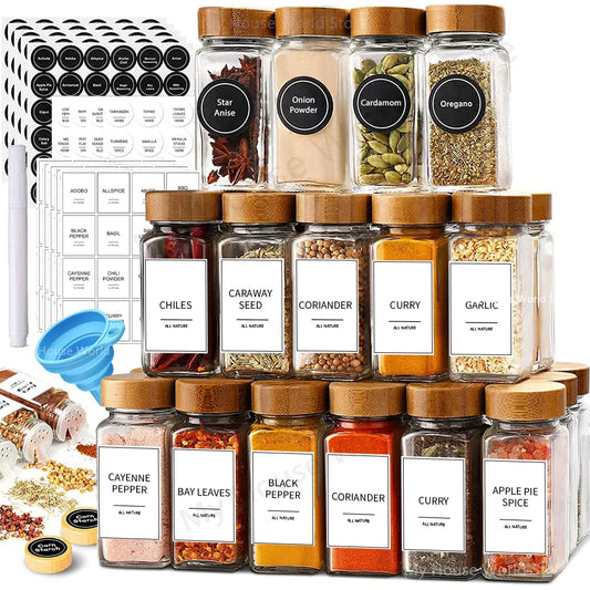 Glass Spice Jar Set with Bamboo Lids – 13-Piece Kitchen Storage