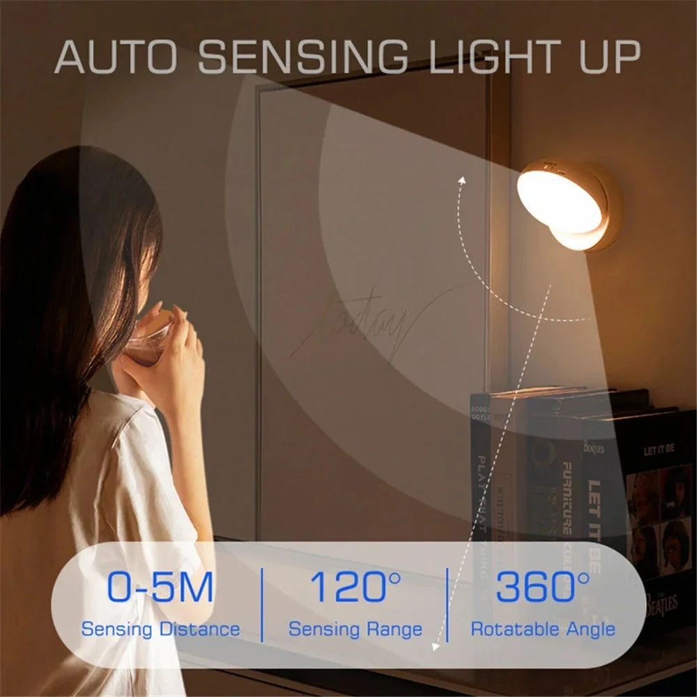 Round USB LED Night Light - Motion Sensor Wall Lamp for Home Safety e Comfort