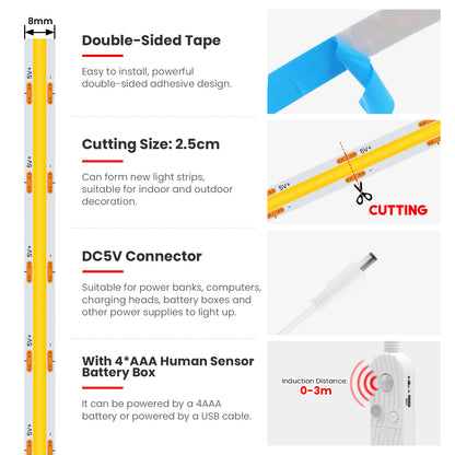 Motion Sensor COB LED Strip – High-Density USB Night Lighting