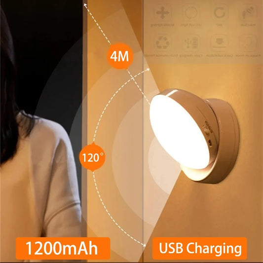 Round USB LED Night Light - Motion Sensor Wall Lamp for Home Safety e Comfort