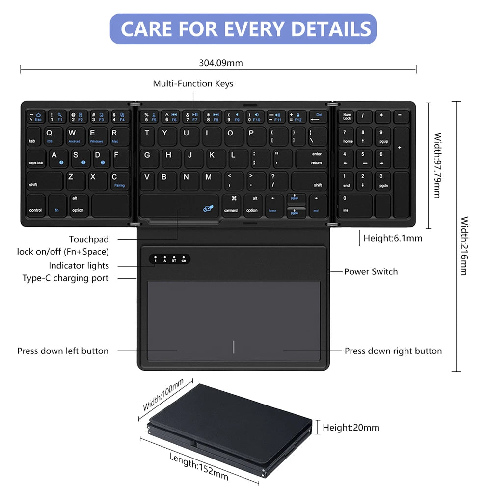 Foldable Bluetooth Keyboard – Pocket Wireless Keyboard with Touchpad